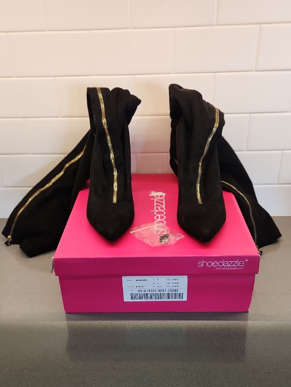 Shoe Dazzle Black Thigh High Stiletto Boots with Gold Zipper Accents